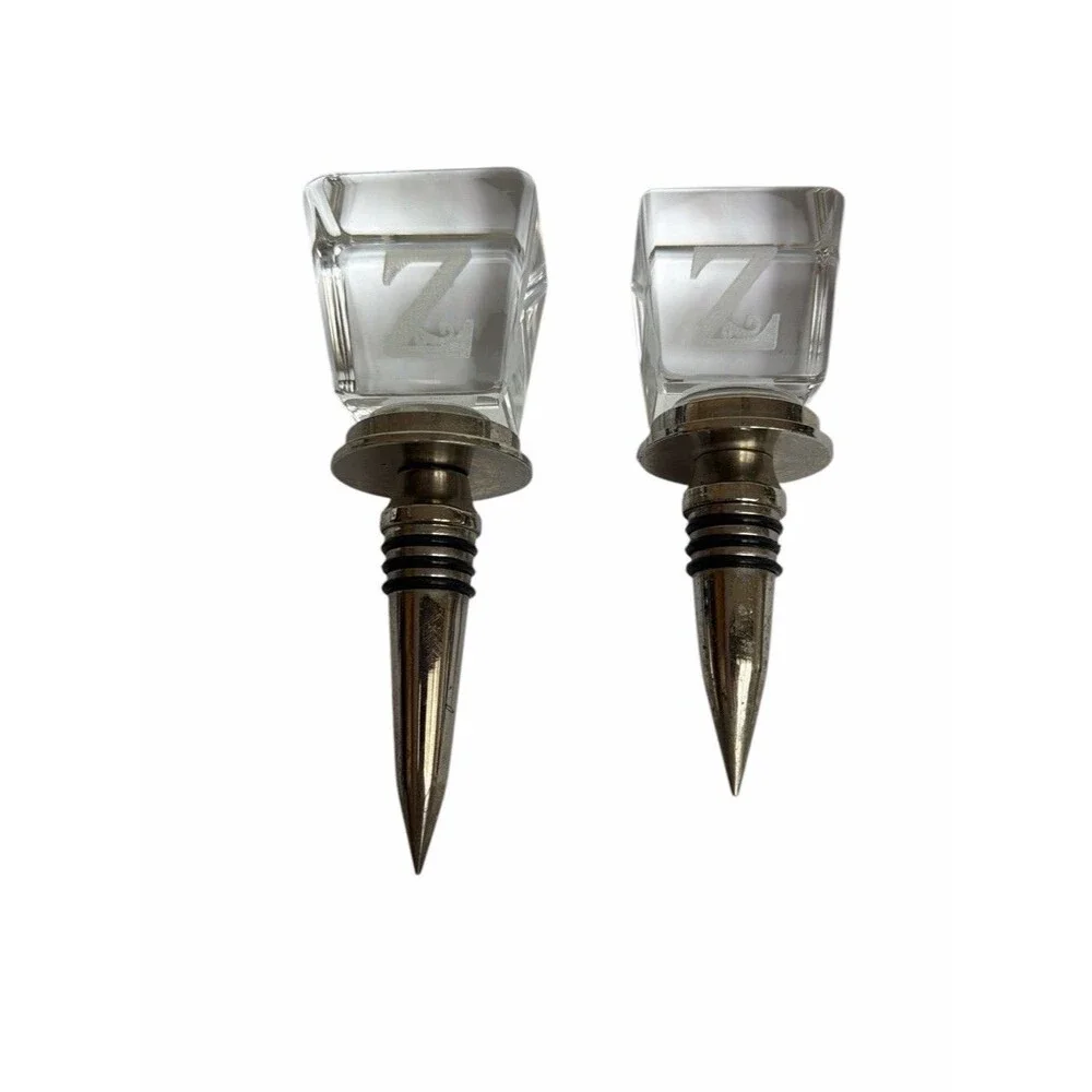Laser Etched Heavy Clear Glass Monogram “Z”Wine Bourbon Wine Stopper Pair